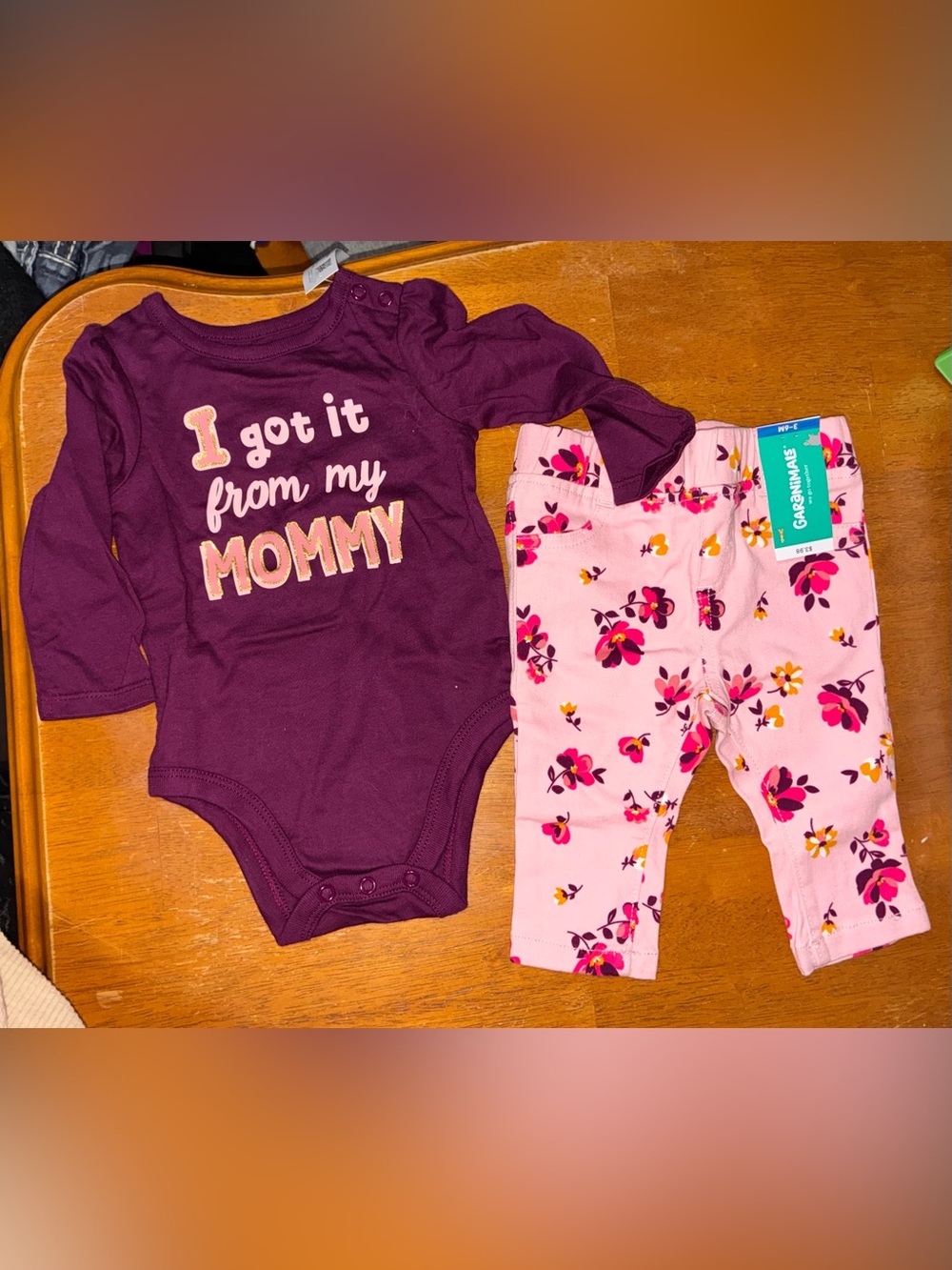 Garanimals Purple Long-Sleeve One-Piece Bodysuit with Pink Accent Text and pants